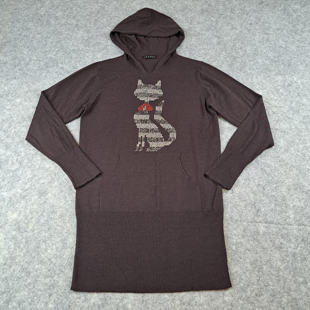 Theory Sweater Womens Large Brown 100% Wool Hooded Tunic Cat Rhinestone Top